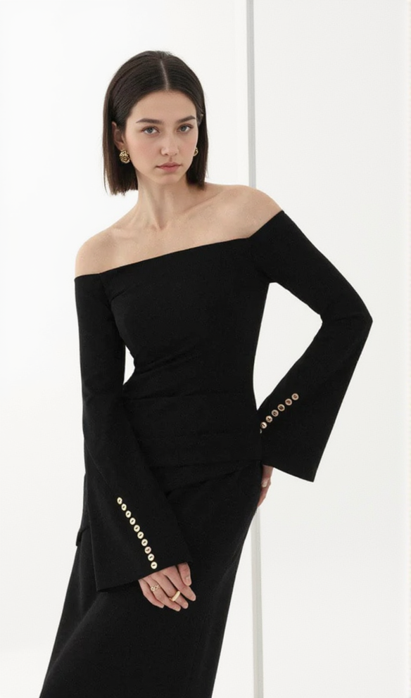 DOROTHY BLACK SHEATH OFF-SHOULDER RUCHED MIDI DRESS