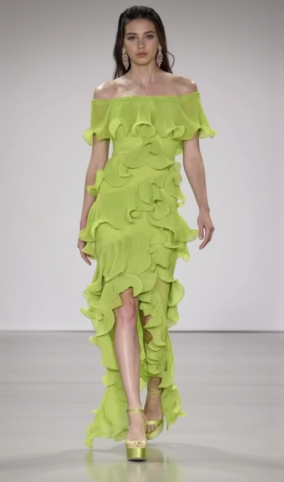 DORA GREEN OFF-SHOULDER PLEATED ORGANZA MAXI DRESS