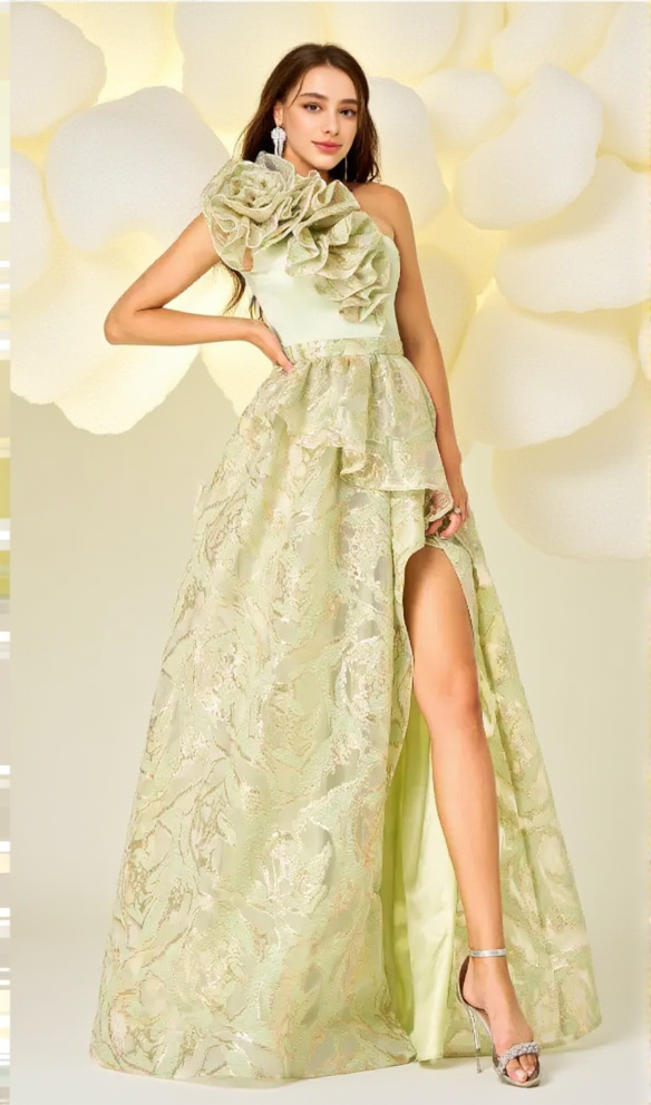 AIIZIE ONE SHOULDER GILDED FLORAL SPLIT DRESS IN GREEN - product image