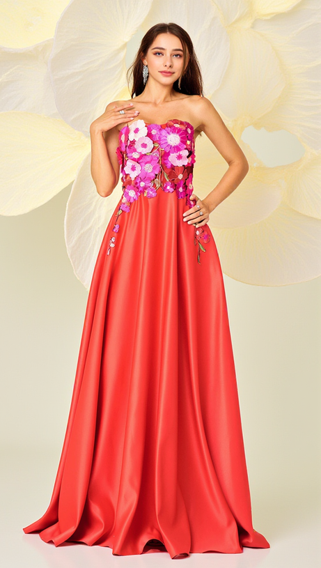 EMBROIDERED FLORAL STRAPLESS A-LINE MAXI DRESS IN RED