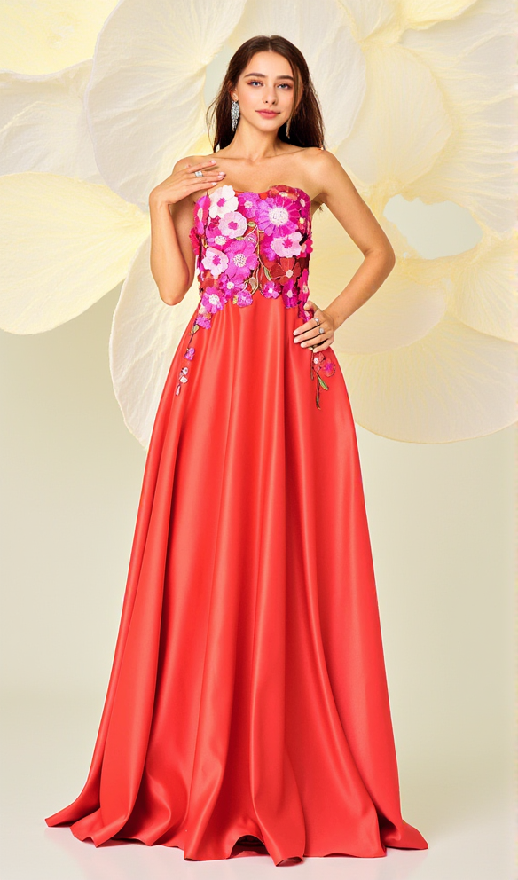 AIIZIE EMBROIDERED FLORAL STRAPLESS A-LINE MAXI DRESS IN RED - product image