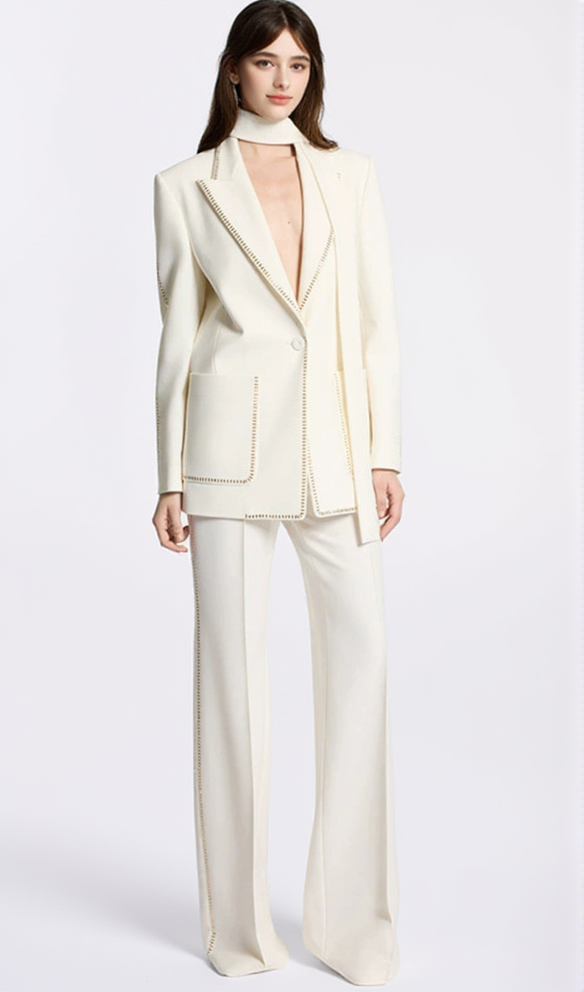 DEBORAH WHITE SCARF-DETAILED WOOL CREPE BLAZER SET