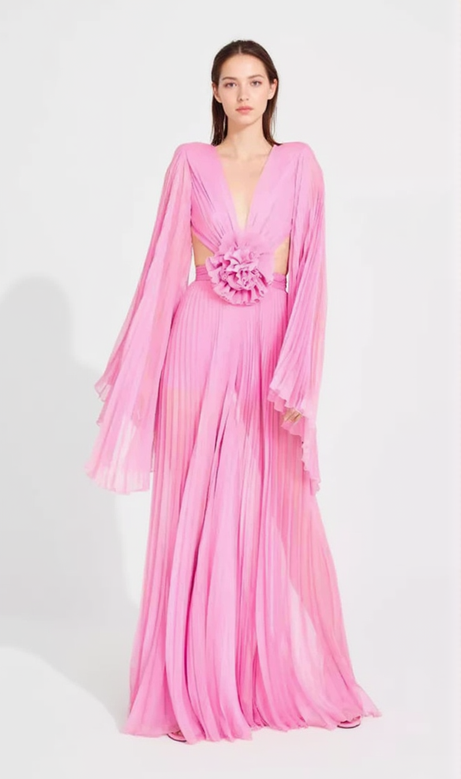 GEORGIA MAXIKLEID MIT RÜSCHEN UND BLUMENAUSSCHNITT IN PINK