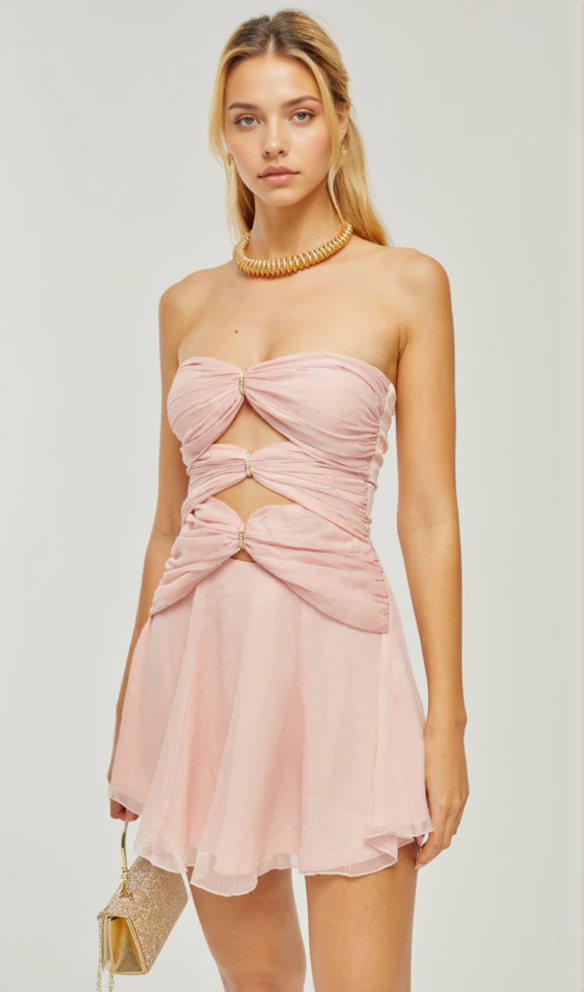 AIIZIE CUT-OUT PLEATED OFF-SHOULDER MINI DRESS IN PINK - product image