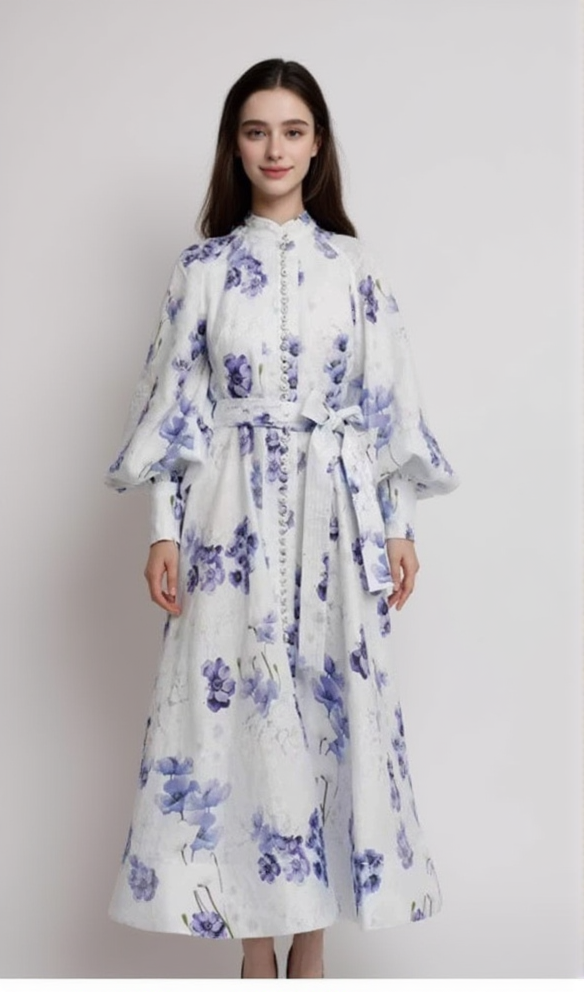 LANTERN SLEEVE FLORAL PRINT MAXI DRESS IN BLUE