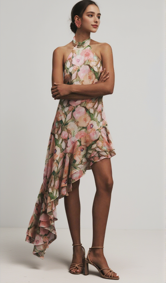 SABINA PINK GREEN ASYMMETRIC FLORAL HALTER MIDI DRESS