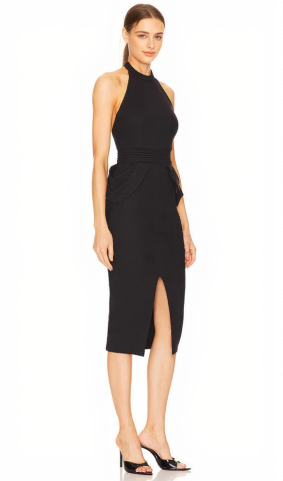 RISE TEXTURED HALTER MIDI DRESS IN BLACK