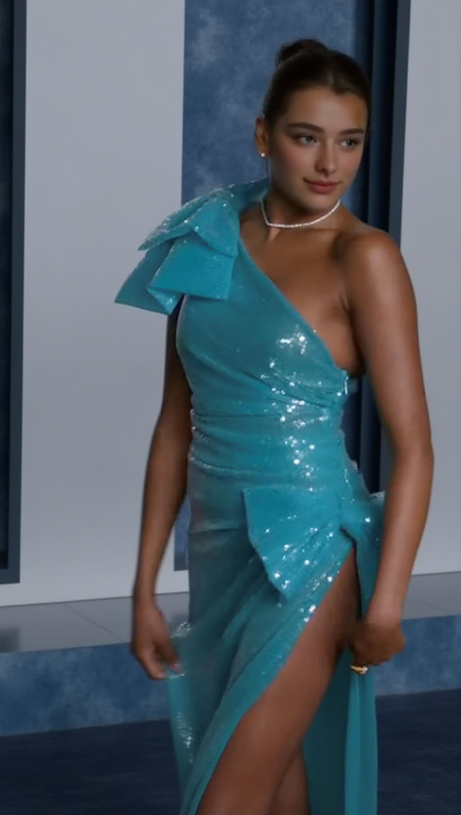 ONE SHOULDER BOW SEQUIN MAXI DRESS IN BLUE