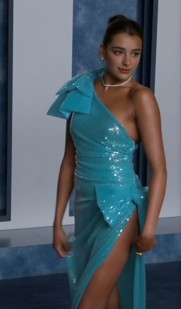 ONE SHOULDER BOW SEQUIN MAXI DRESS IN BLUE