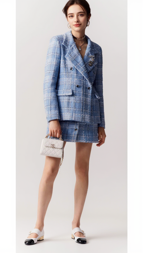 PLAID DOUBLE BREASTED TWEED BLAZER IN BLUE