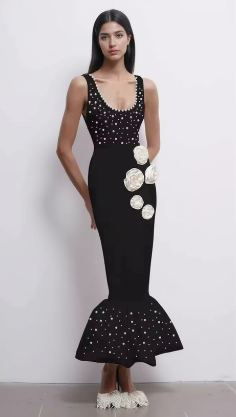 DORIS FLORAL PEARL EMBELLISHED MERMAID BLACK MAXI DRESS