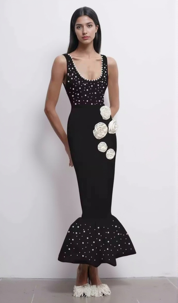 DORIS FLORAL PEARL EMBELLISHED MERMAID BLACK MAXI DRESS