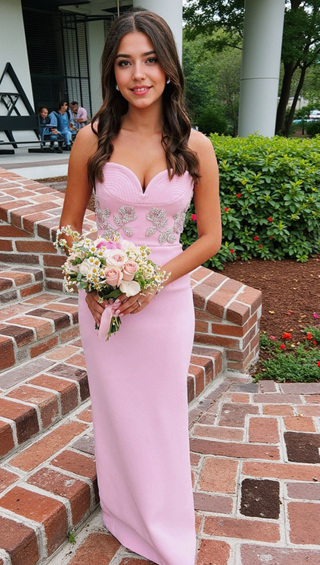 MEROY FLORAL EMBROIDERY STRAPLESS MAXI DRESS IN PINK