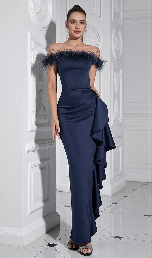 AIIZIE IRENE OFF SHOULDER FEATHER RUFFLE TRIM MAXI DRESS IN DARK BLUE - product image
