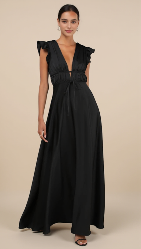 SATIN CUTOUT RUFFLED MAXI DRESS