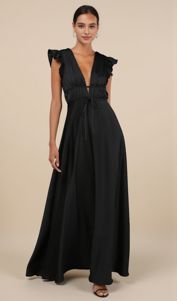 SATIN CUTOUT RUFFLED MAXI DRESS