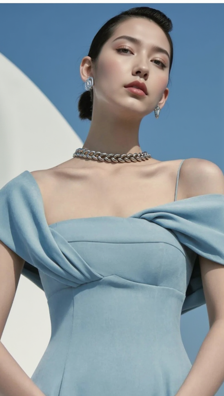 NAOMI ONE-SHOULDER STRAP MIDI DRESS IN BLUE