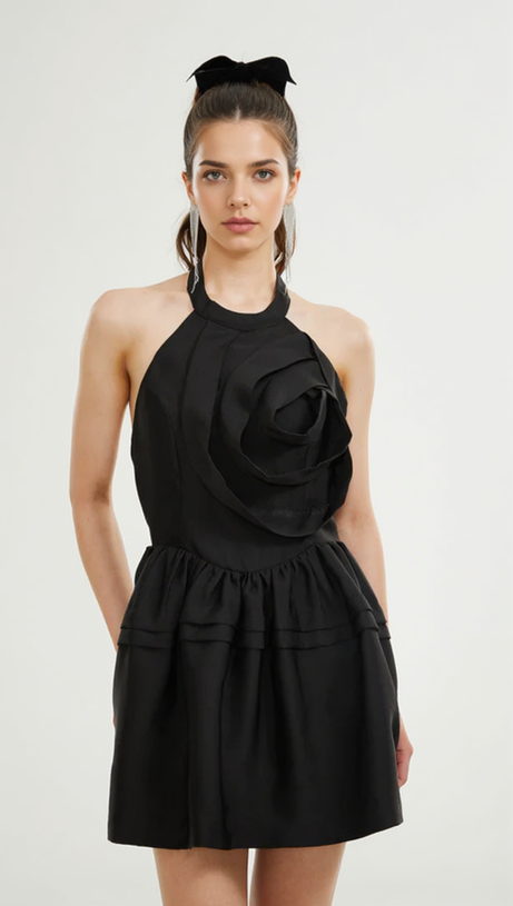 MINI ABITO CON SCOLLO ALL'AMERICANO E APPLICAZIONI FLOREALI IN NERO 