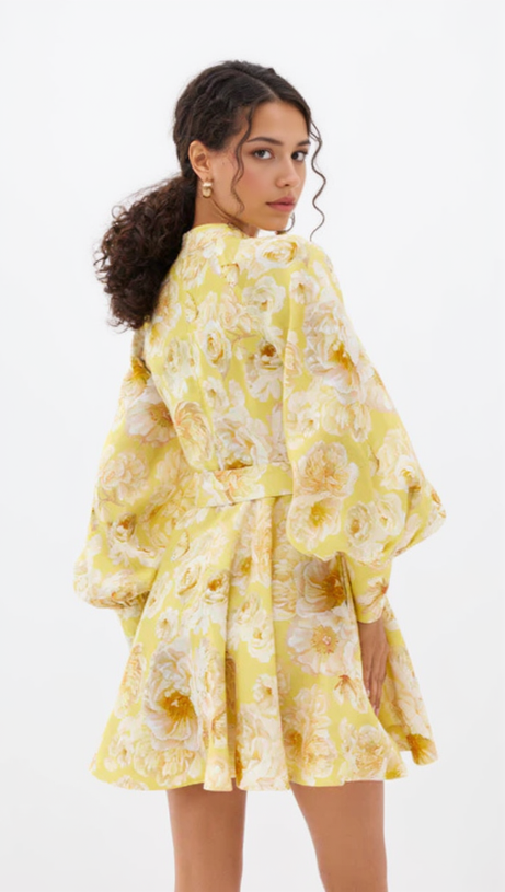 MONICA LANTERN SLEEVE FLORAL PRINT YELLOW MINI DRESS