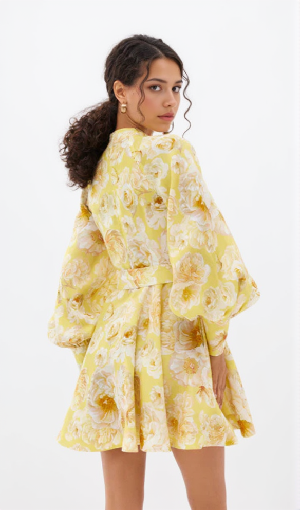 AIIZIE MONICA LANTERN SLEEVE FLORAL PRINT YELLOW MINI DRESS - product image