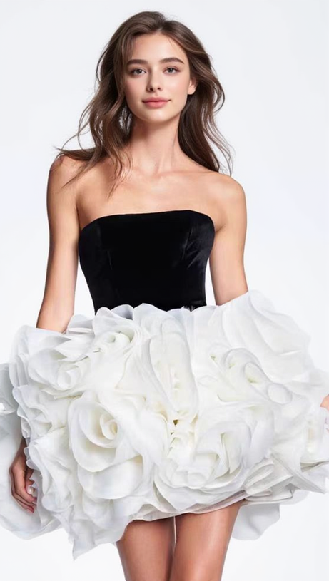 TINA WHITE 3D FLOWERS STRAPLESS BLACK MINI DRESS