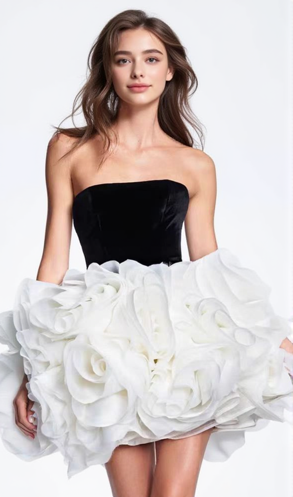 TINA WHITE 3D FLOWERS STRAPLESS BLACK MINI DRESS