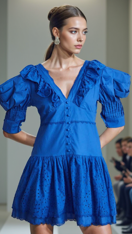 BLUE V-NECK EMBROIDERED RUFFLED MINI DRESS