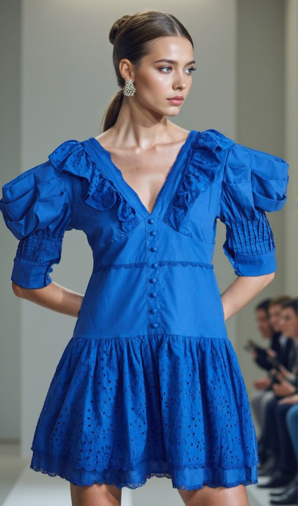 BLAUES MINIKLEID MIT V-AUSSCHNITT UND BESTICKTEN RÜSCHEN