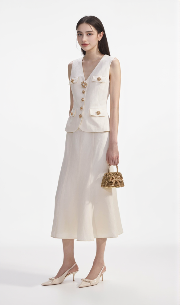 CREAM LINEN MIDI DRESS