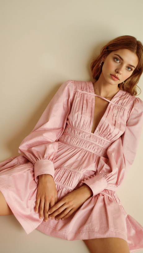 VALERIE FALLINGWATER RUCHED MINI DRESS IN PINK