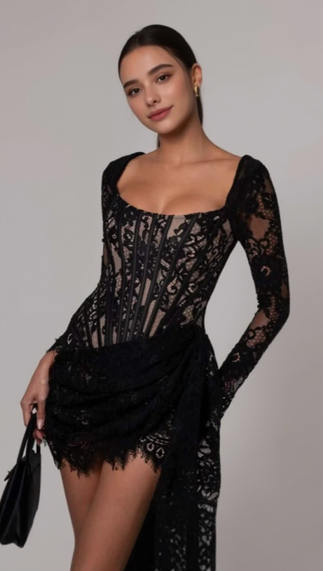LONG SLEEVE LACE CORSET DRAPED MINI DRESS IN BLACK