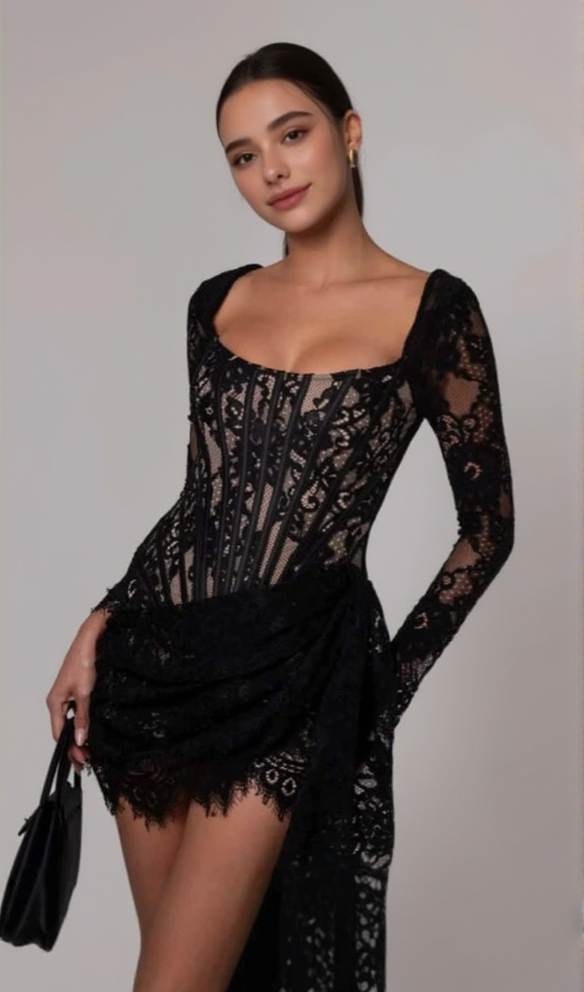 AIIZIE LONG SLEEVE LACE CORSET DRAPED MINI DRESS IN BLACK - product image