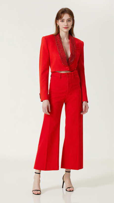CRYSTAL-EMBELLISHED RED CROPPED BLAZER SET
