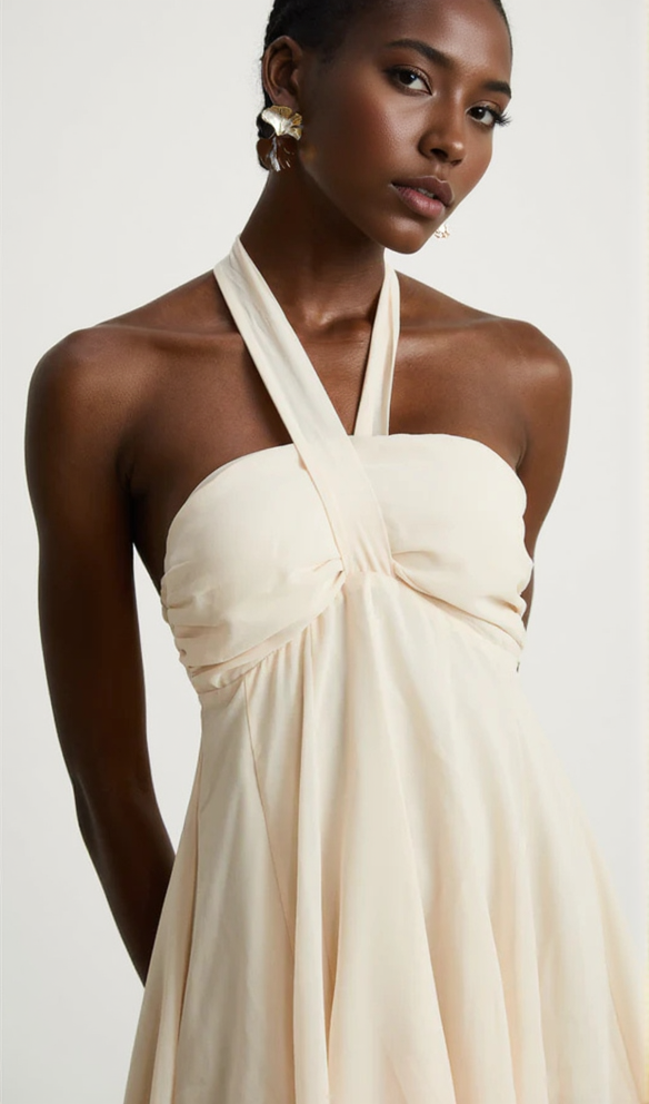 MINI ABITO CON BENDAGGI SCHIENA SENZA SCHIENA IN COLORI NEUTRI