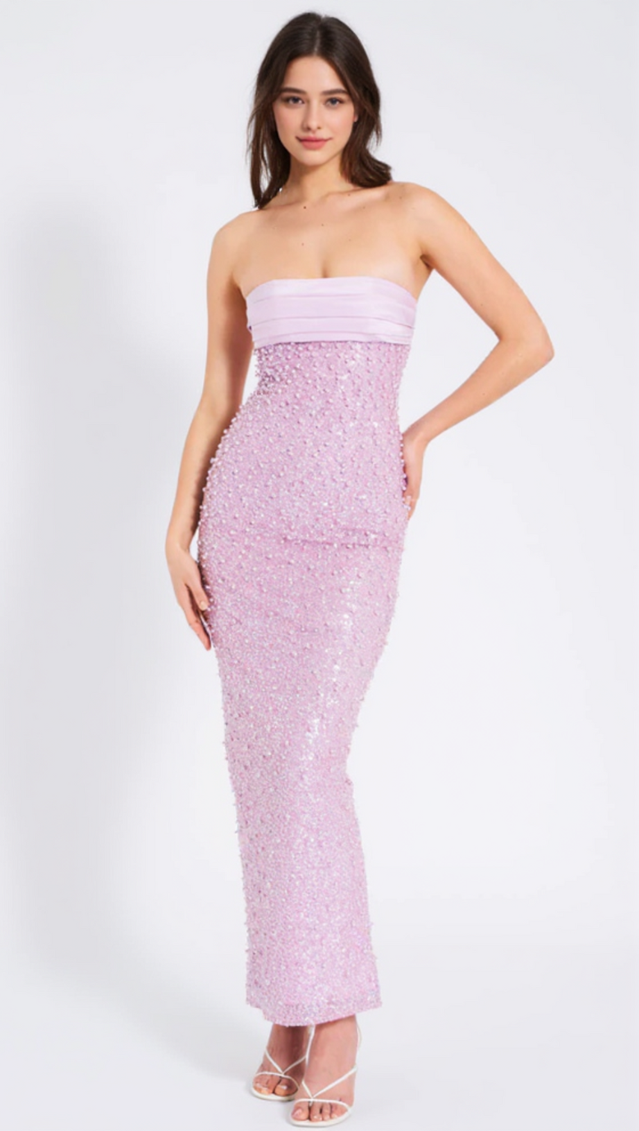 PINK SATIN SEQUIN PEARLS BEADED MAXI DRESS