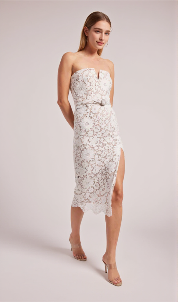 MILETTE V-NECK LACE MIDI DRESS IN WHITE