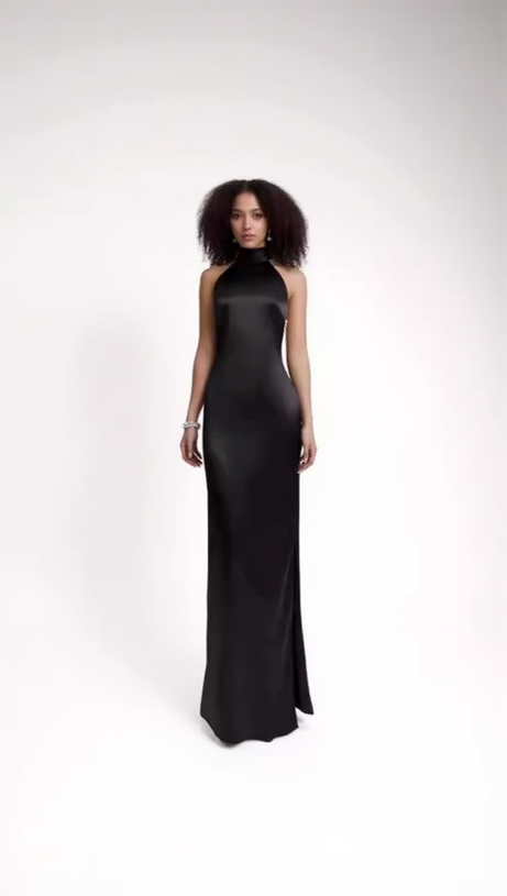 MIGNON SATIN BELT BACKLESS PEARL EMBELLISHED MAXI DRESS IN BLACK