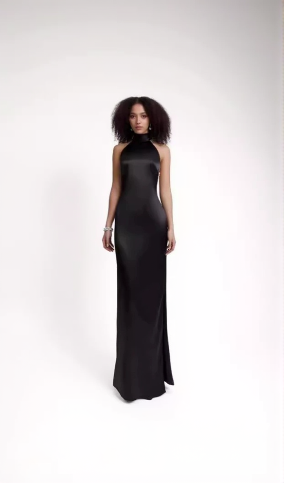 MIGNON SATIN BELT BACKLESS PEARL EMBELLISHED MAXI DRESS IN BLACK