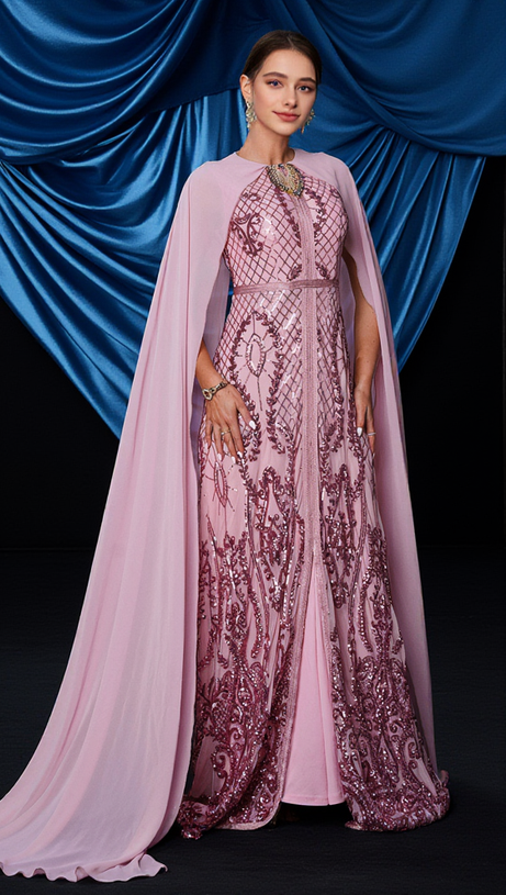 METALLIC EMBELLISHED COLLAR CAPE SLEEVE DRESS IN LIGHT PINK