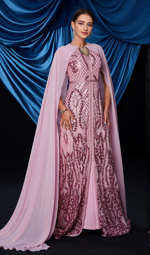 AIIZIE METALLIC EMBELLISHED COLLAR CAPE SLEEVE DRESS IN LIGHT PINK - product image