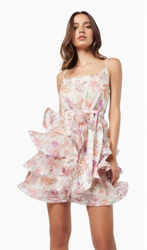 AIIZIE AMANDA MULTICOLOR FLORAL PRINTED RUFFLE MINI DRESS - product image