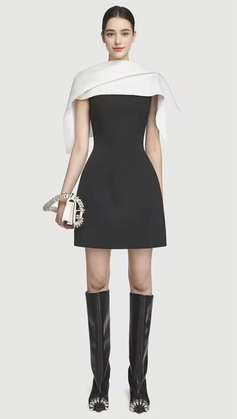 A-LINE BLACK MINI DRESS WITH ASYMMETRICAL SHOULDER PLEAT