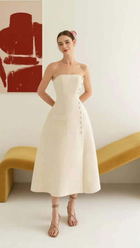 ELIO BUTTON-EMBELLISHED MIDI DRESS IN CREAM