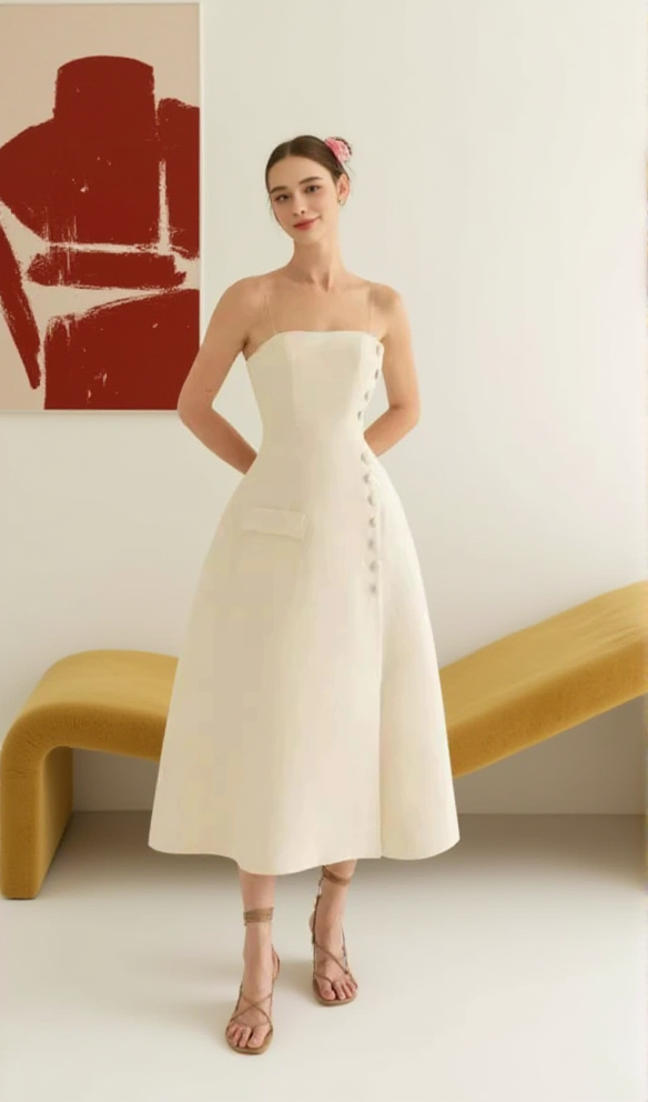 ELIO BUTTON-EMBELLISHED MIDI DRESS IN CREAM