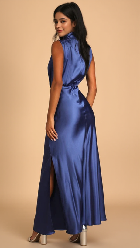 BLUE SATIN SLEEVELESS MOCK NECK MAXI DRESS