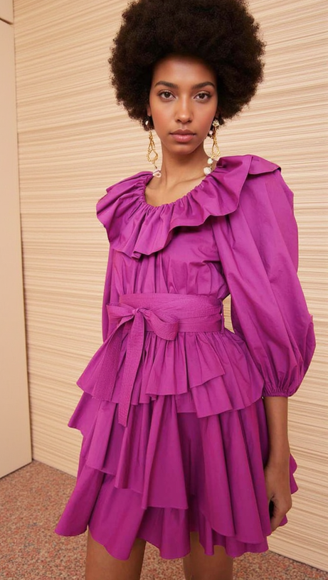 MURRAY PUFF SLEEVE RUFFLE LAYER MINI DRESS IN PURPLE