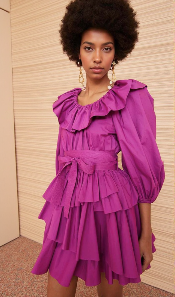 MURRAY PUFF SLEEVE RUFFLE LAYER MINI DRESS IN PURPLE