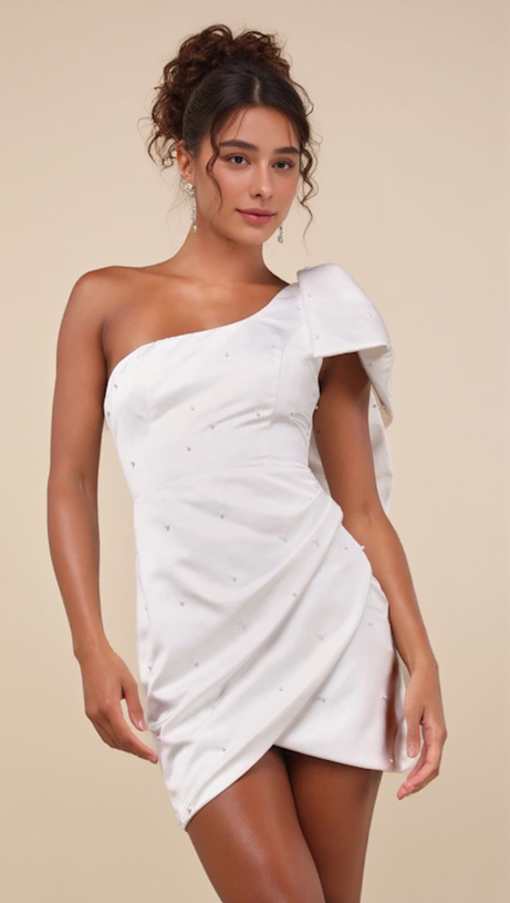 PEARL BOW ONE-SHOULDER MINI DRESS