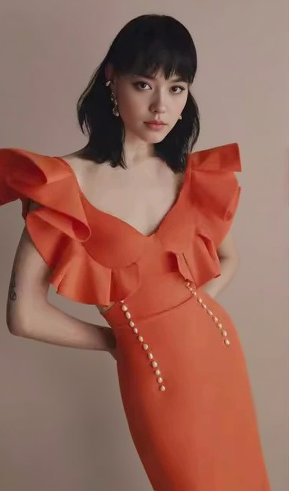 TOBEY ORANGE PEARL EMBELLISHED RUFFLE TRIM NECK MIDI DRESS