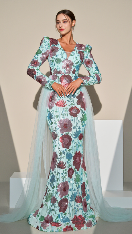 LONG SLEEVE FLORAL PRINT SEQUIN MAXI DRESS IN GREEN